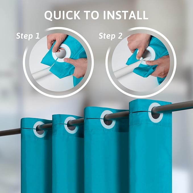 Furlinic Teal Extra Long Shower Curtain No Hooks Needed 96 Length,Waterproof Fabric Shower Curtain Liner,Bathroom Curtains for Hotel with 10 Plastic Split Grommets, Machine Washable,78x96 Inch.