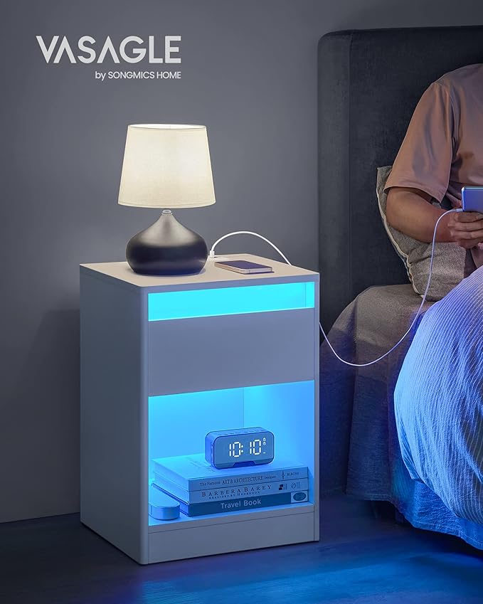 VASAGLE LED Nightstand with Charging Station, Adjustable Light Colors, 2 AC Outlets, 2 USB Ports, Bedside Table, Side Table with Drawer, Modern, 13.8 x 15.7 x 21.7 Inches, Cloud White ULET618T14V1