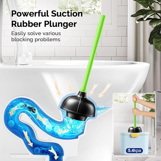 HAMITOR Toilet Plunger Bowl Brush Combo：Heavy Duty Rubber for Drain Clog Remover - Curved Design Bristles for Deep Cleaning Under Rim - Compact Bathroom Cleaning Tools for New Homet Essentials-Green