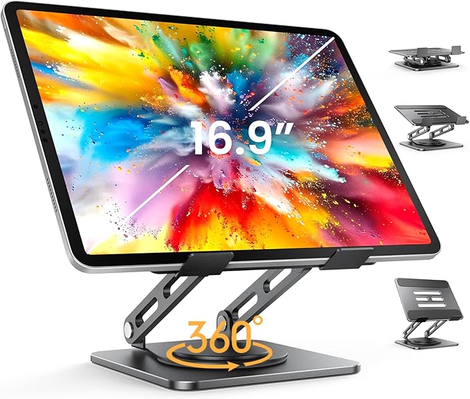 Adjustable Tablet Stand, 360 Rotating iPad Stand with Heavy-Duty Base, Tablet Holder Compatible with 4.0-16.9" Device, 2025 iPad Pro Air Mini, Kindle, Surface Tablet, Portable Monitors - Black