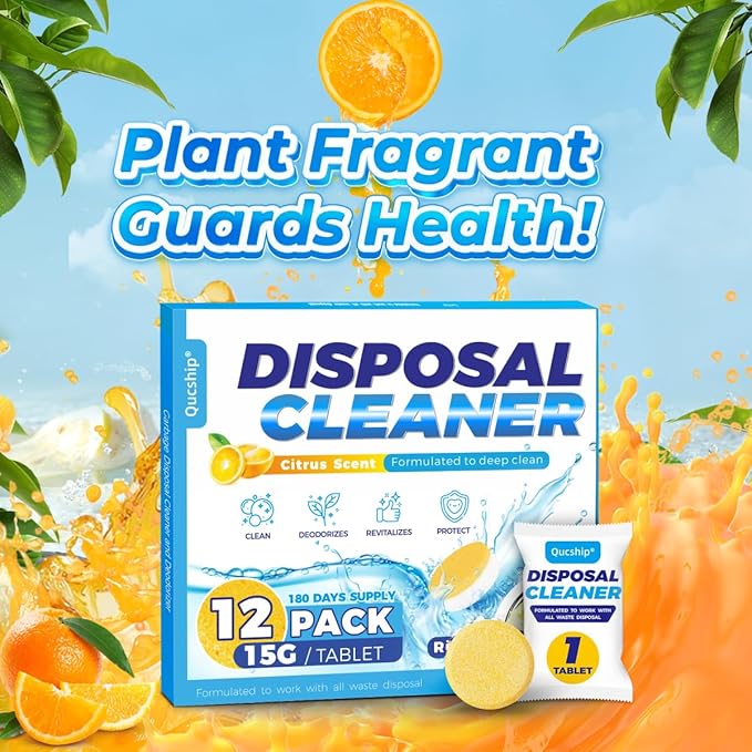 Qucship Garbage Disposal Cleaner Deodorizer - 12 Pack, Foaming Citrus Sink Freshener - XXL Tablets Eliminate Odors, Natural Septic Safe Food Disposer Maintenance