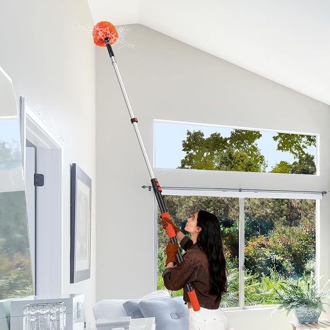 26FT Cobweb Duster with Extension Pole - High Reach Duster for High Ceilings & Outdoor Use - Telescoping Pole 5-20 Ft, Soft Bristles Cobweb Cleaner - 3/4" Acme Universal Thread