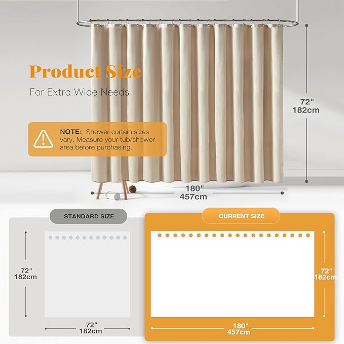 BTTN Clawfoot Tub Shower Curtain - 180 x 72 Extra Wide Linen Textured Weighted Fabric Shower Curtain Set with 32 Hooks, Large Hotel Simple Neutral Polyester Shower Curtains for Bathroom - Cream/Beige