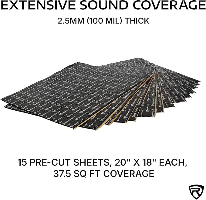 Rockville RockMat 37-25 37 Sq Ft Butyl Sound Deadening Mat 2.5MM 100 Mil, Aluminum Foil Backing, Heat Resistant, Vibration and Noise Damping for Car Truck Van RV Marine