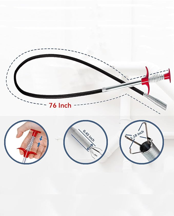 Drain Snake,76 inch Flexible Grabber Claw Pick Up Reacher Tool,Drain Clog Remover - Gutter Cleaning Tools for Home Sink, Bathroom Tub,Drain, Toilet, Tight Spaces