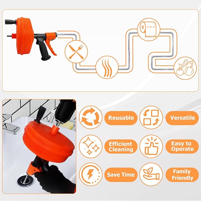 Drain Snake 50 FT, Auger Drain Snake Hair Drain Clog Remover, Plumbing Snake with Drill Attachment and Automatic Retractable Function, Manual or Powered Use for Kitchen, Sink, w/Gloves and Storage Bag