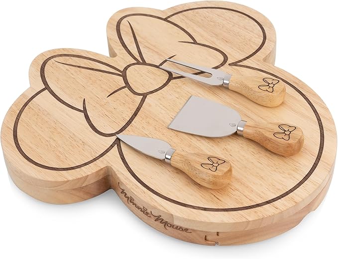 PICNIC TIME Disney Minnie Mouse Head Shaped Cheese Board with Tools, Parawood Charcuterie Board with Recessed Groove and Stainless Steel Utensils (Parawood)