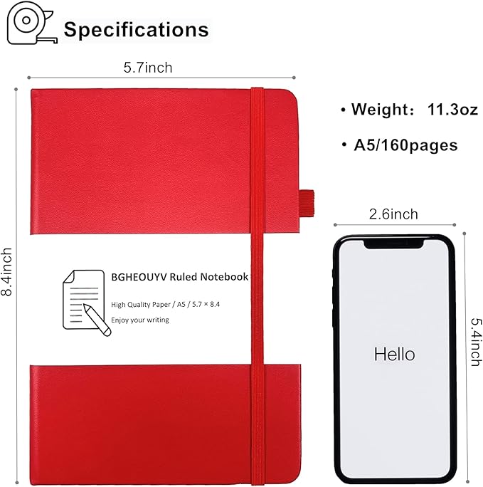Notebook Journal, College Ruled Notebook Lined A5 160 Pages,Hard Cover Journals for Writing, Notebooks for Work Office School Women Men,5.7 inches x 8.4 inches(Red)