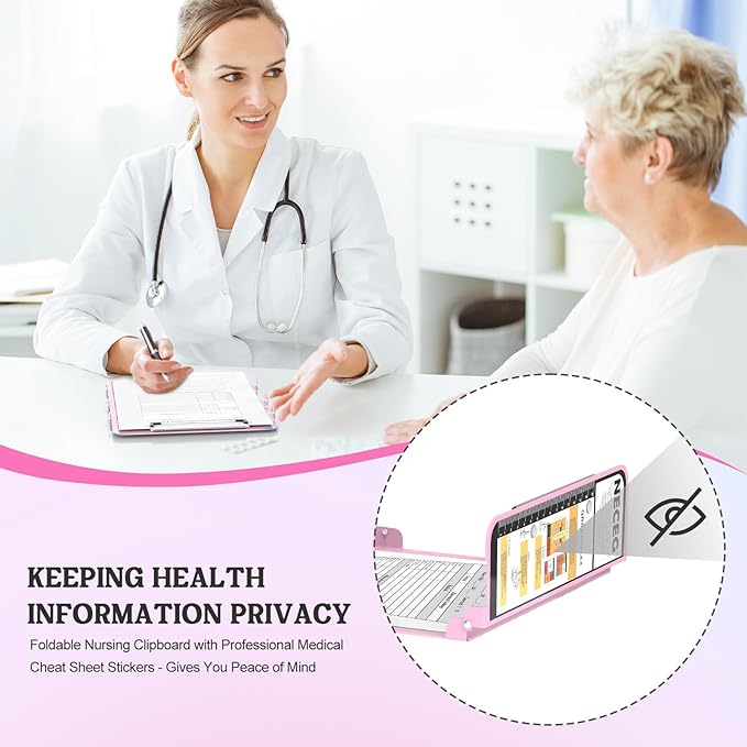Nursing Clipboard Foldable-4 Layers Aluminum Nurse Foldable Clipboard Nursing Medical Edition Cheat Sheets, Pocket Size Pen Clip for Nurses Students School and Doctors-Pink