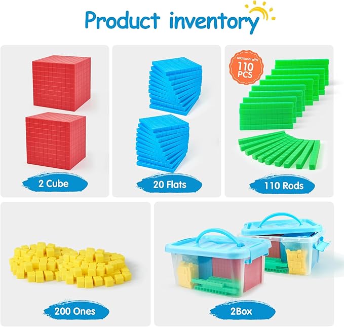 334 PCS Base Ten Blocks Set,Contains 110 rods Counting Cubes to Help Kids Learn Maths. 2 Boxes-Pack.
