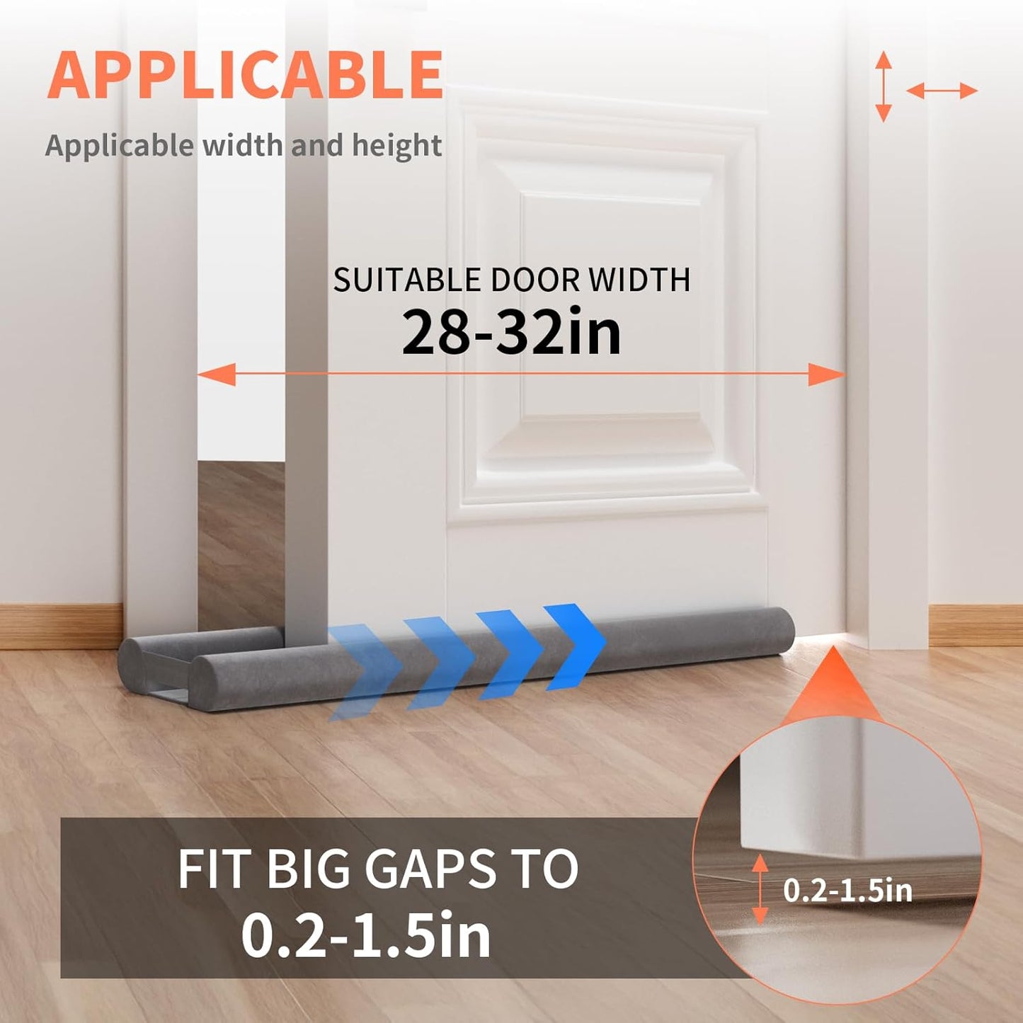 Door Draft Stopper for Bottom of Door, Under Door Gap Filler/Seal for Big Gap, No Folding Required, Flexible Installation Door Sweep soundproofing Strip for Home & Apartment, 28-32in, Grey