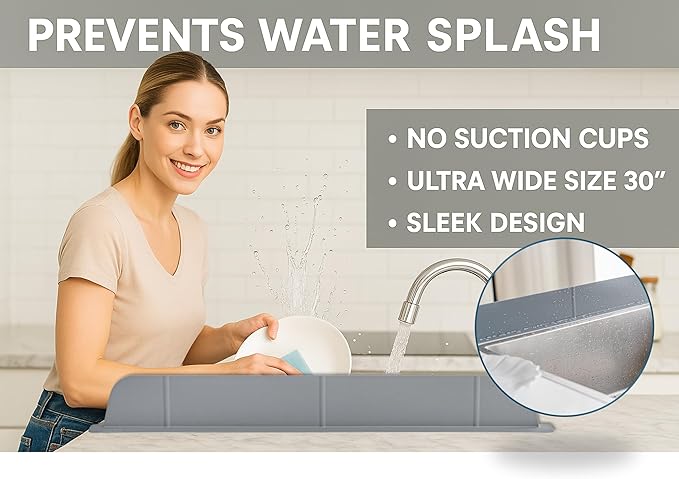 30 inch(75cm) Premium Kitchen Sink Silicone Water Splash Guard SIZE UPGRADE 30" and new package - NO Suction Cups, Ultra Wide 30" - Made in Korea (Ultra Wide Eco Gray)