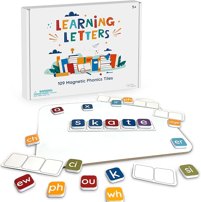 Learning Letters by Four Dublee - 109 Phonics Letter Tiles with Magnetic Spelling Board and Sound Boxes. Includes Letter Tiles Organizer Bags and Storage Box