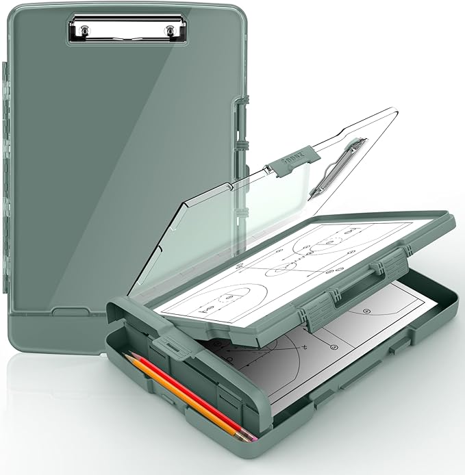 Sooez Original Clipboard with 2 Storage & Pen Holder, Heavy Duty Clip Boards 8.5x11 with Dual Storage, Clearview Dry Erase Coach Clipboard with Real Hinge, High Capacity, School & Office Supplies