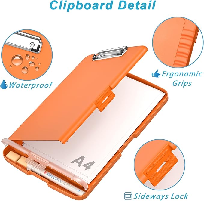 Rimilak Plastic Clipboard with Storage, 8.5 x 11 High Capacity Folio Nursing Case with Pen Holder, Size 14.2 x 9.6 x 1.2″ Folder Side-Opening for Classroom, Teacher, Student, Smooth Writing, Orange