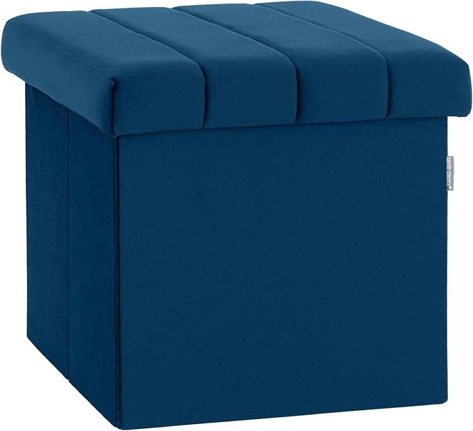 Seville Classics Cushioned Fabric Ottoman Hidden Storage Chest Footrest Chair, Padded Seat for Bedroom, Dorm, Loft, Living Room, Entryway, Hallway, Blue Velvet, 15.7" Cube