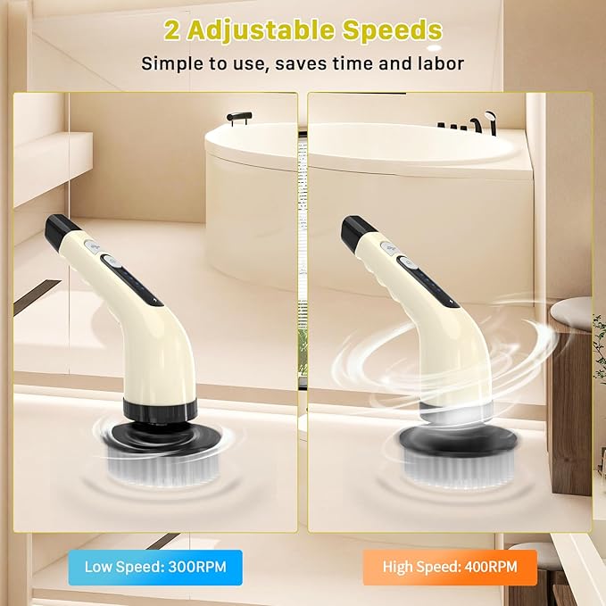 Electric Spin Scrubber, Cordless Cleaning Brush, Shower Scrubber with 7 Replaceable Brush, 2 Speeds and Adjustable Extension Handle for Bathroom Shower Bathtub Glass Car(Beige)
