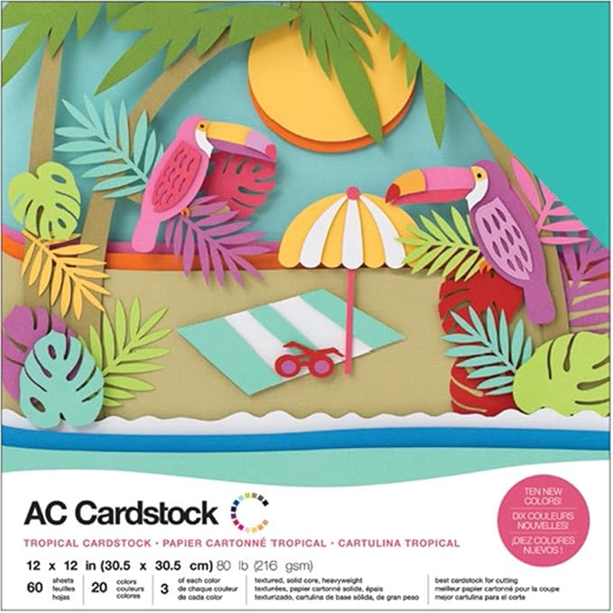 Cardstock 12x12 Scrapbook Paper Pack - Textured Heavy Duty Paper for Die Cutting, Card Making, Crafts - 60 Square Sheets, 20 Unique Colors, 80lb (216gsm), Solid Core - Tropical