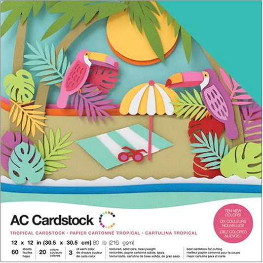 Cardstock 12x12 Scrapbook Paper Pack - Textured Heavy Duty Paper for Die Cutting, Card Making, Crafts - 60 Square Sheets, 20 Unique Colors, 80lb (216gsm), Solid Core - Tropical