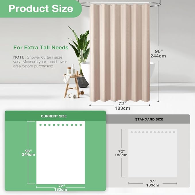 Dynamene Extra Long Shower Curtain - 96 Inch Long Waffle Weave Weighted Thick Cloth Bathroom Shower Curtain, Neutral Heavy Duty Hotel Bath Curtain Set with 12 Plastic Hooks,72x96, Blush Pink