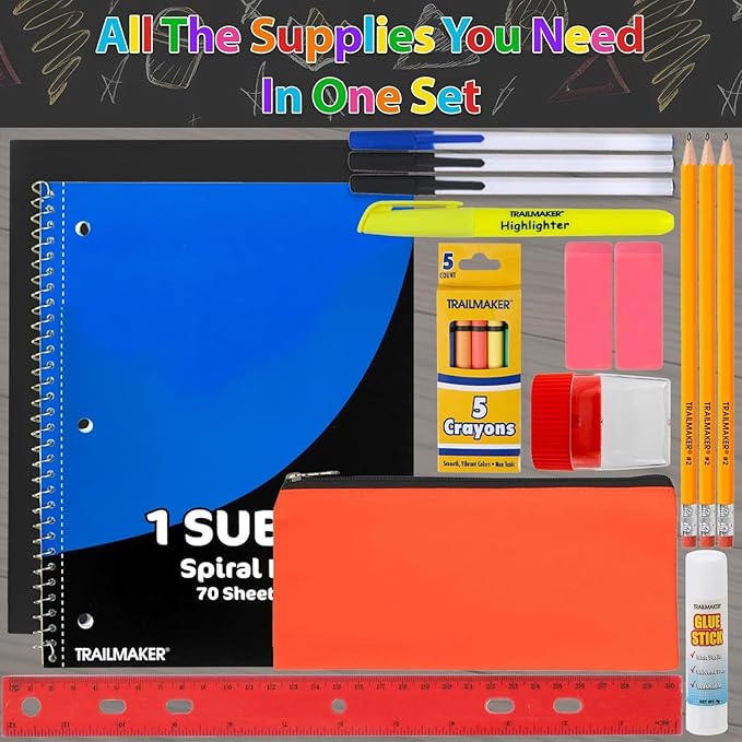 Trail maker 24 Pack Bulk Back to School Supplies for Kids | 20 Piece School Supply Kits in Bulk for Kindergarten, Elementary, K-12 with Notebook, Crayons, Pencils, and More