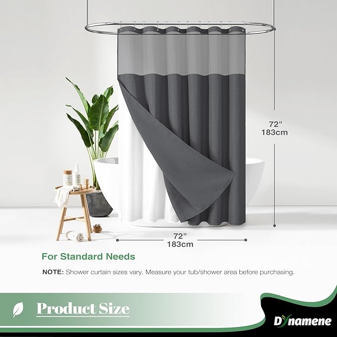 Dynamene Fabric Shower Curtain with Snap in Liner, Waffle Hotel Shower Curtains for Bathroom, Washable Waterproof Cloth Shower Curtain Liner Set with Hook, Mesh Top Window, 72x72, Charcoal Grey