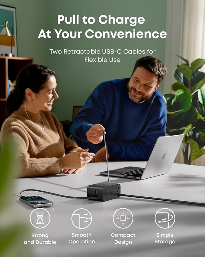 Anker Nano Charging Station, 100W 7-in-1 Power Strip, 2.3ft InstaCord Retractable Cable, Gaming Desk Accessories for Multiple Devices, 3 AC, 3 USB C, 1 USB A, MacBook Charger, Home Office(Non-Battery)