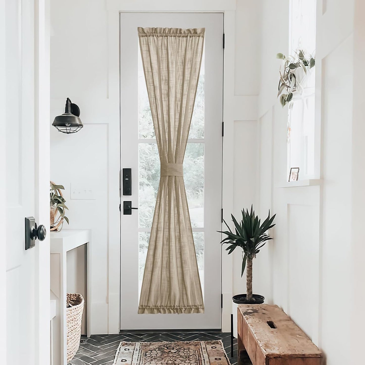 NICETOWN French Door Curtain Panel - Durable Faux Linen Casual Weave Sheer Front Door Window Covering, Privacy Light Filtering Semi Sheer Curtain with Tieback (Taupe, 1 Panel, 30" by 72")