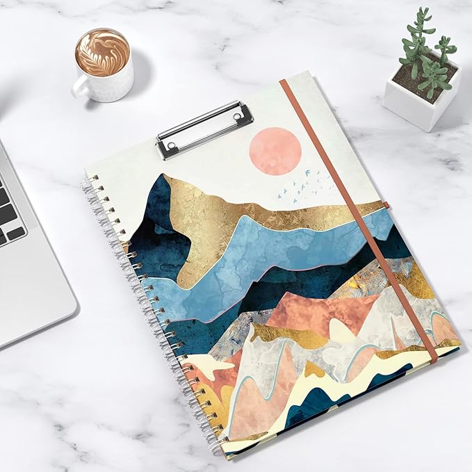 Rimilak Spiral Clipboard Folio with Refillable Lined Notepad, 14.5 x 9.8 In, Hardcover Cover with 5 Interior Pockets, Elastic Band and Pen Loop Series. Cute Stylish Clipfolio, Watercolor Sunset