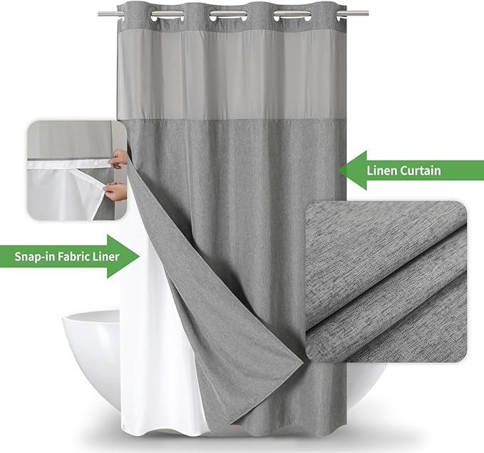 Stall No Hooks Needed Linen Textured Shower Curtain with Snap-in Fabric Liner Set,Hotel Luxury Decor Shower Curtains for Bathroom,Waterproof & Washable,60Wx74H,Grey/Gray