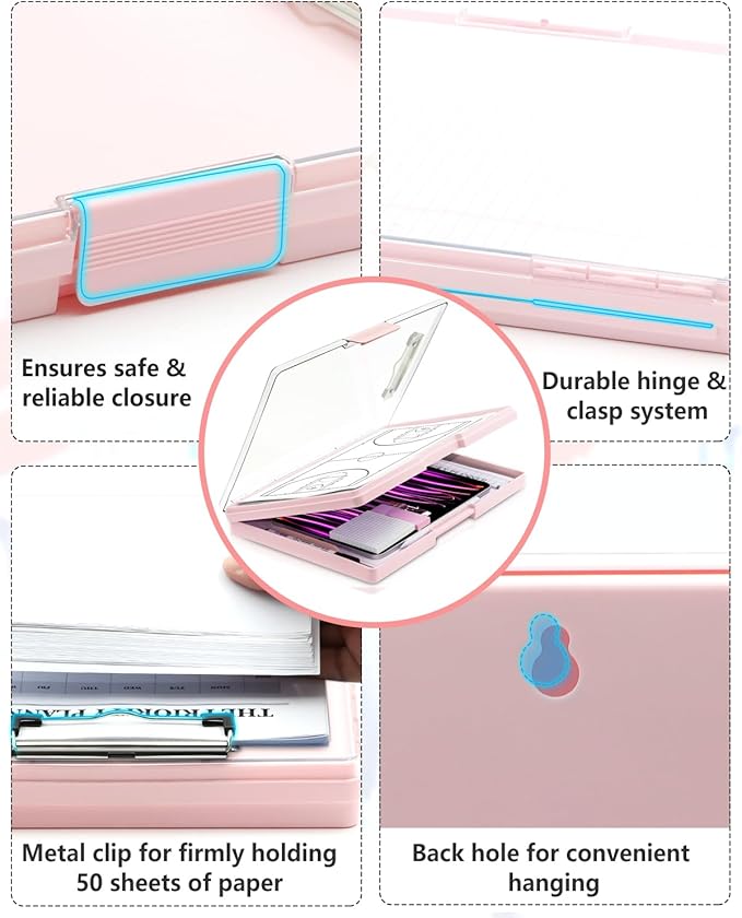 Clearview Clipboard with 2 Storage, Dry Erase 8.5x11 Heavy Duty ClipBoards - High Capacity Coaches Clip Board with Pen Holder - Side Opening Plastic Nursing Clip Case (Pale Pink)