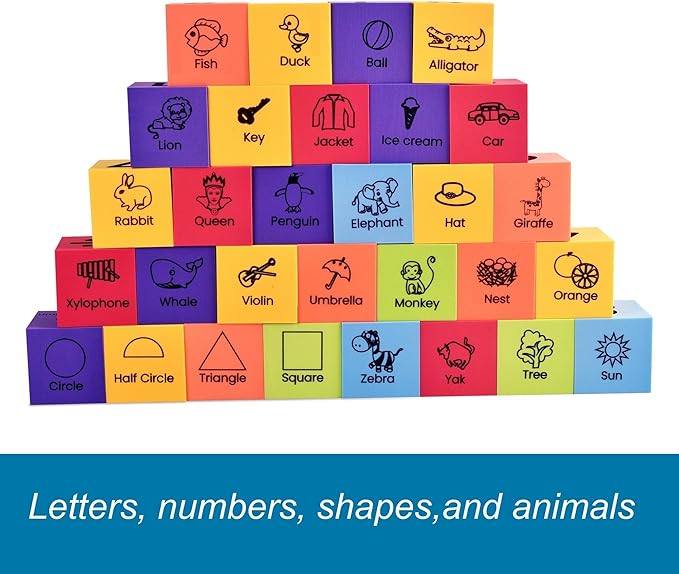 BOHS Foam Learning Blocks - Number,Alphabet,Shapes,Sight Words - Quiet,Safe and Soft Stacking Toys for Toddlers,30pcs,1.96 in(5cm)/piece