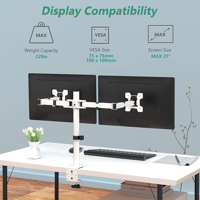 Mount Stand Fits 2 Screens up to 27 inch, 22 lbs. Weight Capacity per Arm (M002-W), White