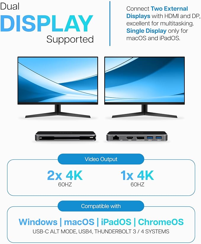 VisionTek VT400 Portable USB-C Dual Monitor Hub - 1x DP, 1x HDMI, 2X USB-A, 1x Ethernet, 1x USB-C for Windows/MacOS/ChromeOS/iOS