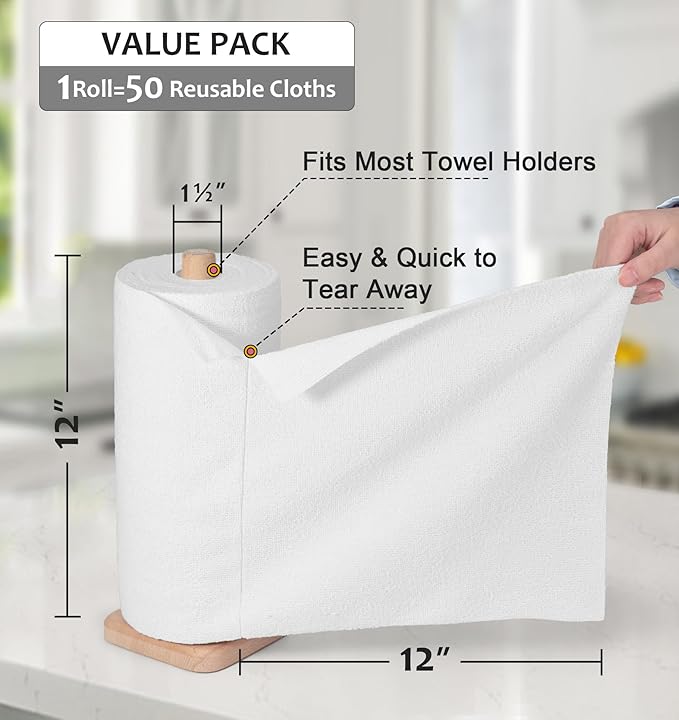 UPSTAR Microfiber Cleaning Cloth, Reusable Paper Towels Rolls, 50 Packs 12x12 inch Cleaning Rags for Washing Dishes, Kitchen, Bathroom, Car, White