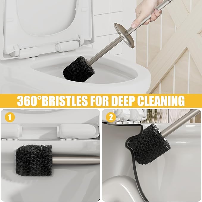 BESy Toilet Brush and Holder, Toilet Cleaner Bowl Set with Two Brush with Extra Long Handle, Durable Bristles Toilet Scrubber and Covered Holder, Drip-Proof Stainless Steel Brushed Nickel