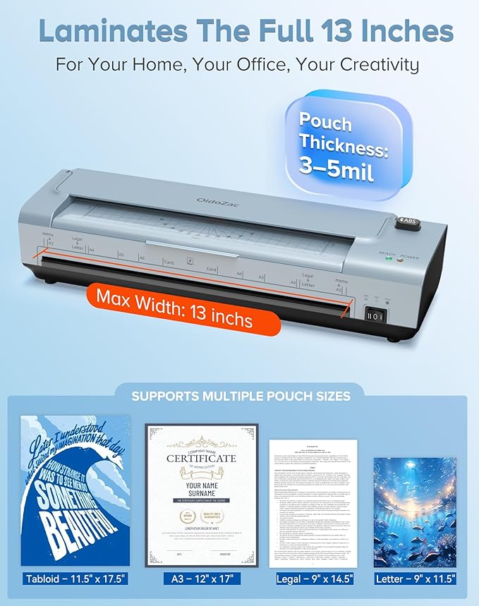 13 Inch Laminator Machine with 20 Laminating Sheets, 11x17 Hot & Cold laminator for Teachers 10 in 1 with Auto Paper Feed, Never Jam Technology Personal Laminator for Home Office School