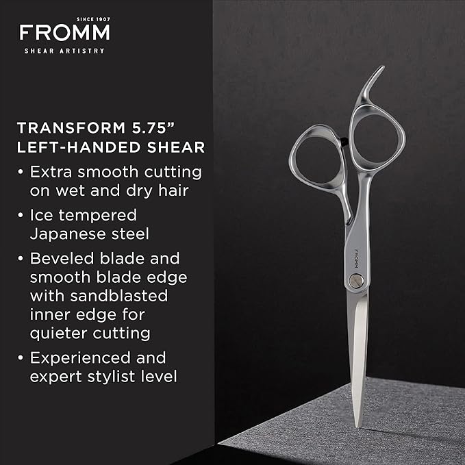Fromm Professional Transform 5.75" Left-Hand Extra Smooth Hair Cutting Shears on Wet & Dry in Matte Silver Japanese Steel Scissors with Beveled Blade for Experienced & Expert Stylists