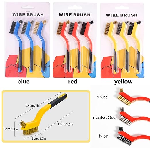 Wire Brush Set, 6 Pcs Brass/Stainless Steel/Nylon Wire Brushes for Cleaning with Curved Handle Grip for Rust Removal, Dirt, Paint Scrubbing