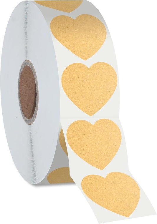 500 Heart Shaped Kraft Stickers, Natural Brown Round Blank Labels with Permanent Adhesive Color Code Kraft Stickers with Perforation Line for Crafts, Organizing, Personal and Business Use (Each 1")