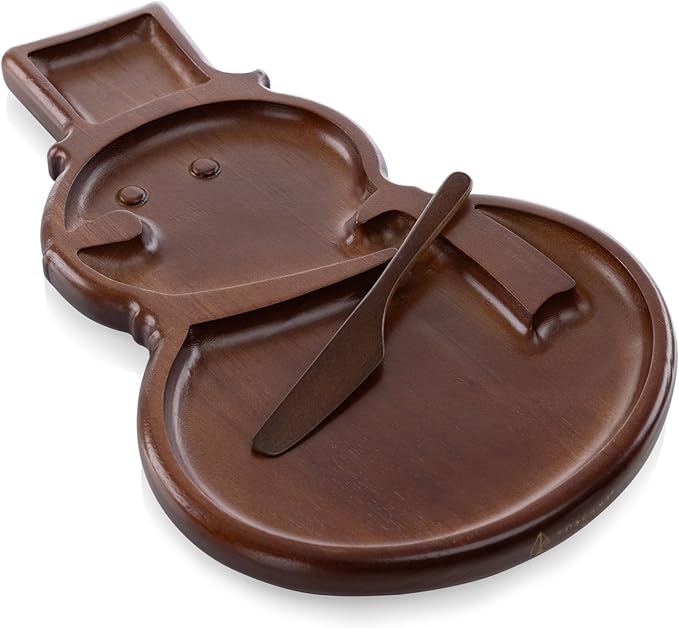 Picnic TIME Reversible Christmas Snowman Serving Tray with Knife, Holiday Appetizer Tray, Charcuterie Board, Cutting Board, (Stained Parawood)