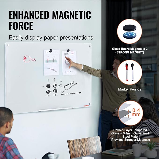 VEVOR Magnetic Glass Writing Board, Erasable 48"x32", Frameless Wall Hanging White Glassboard, Includes Marker Holder, an Eraser, and 2 Writing Pens, White