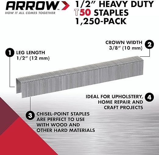 Arrow 508 Heavy Duty T50 1/2-Inch Leg Length, 3/8-Inch Crown, Staples for Upholstery, Construction, Furniture, Crafts, 1250 Count(Pack of 1)