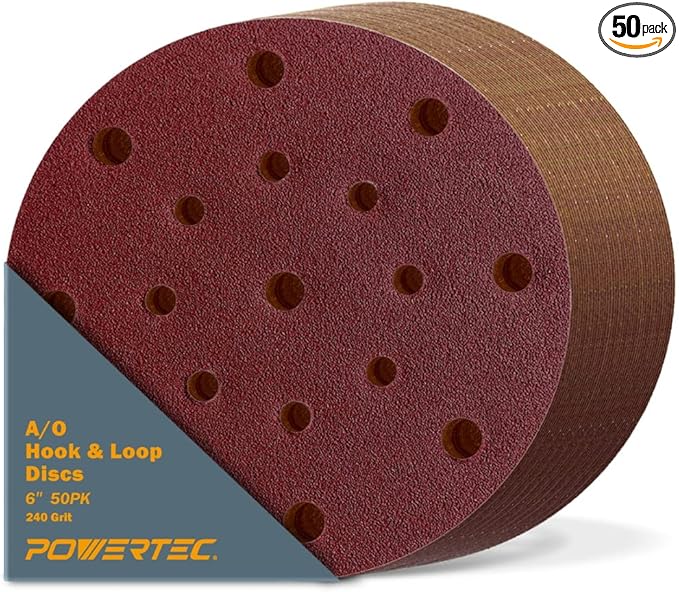 POWERTEC 45824, 6" x17 Holes, 240 Grit, A/O Hook and Loop Disc for Festool RO150 / ETS 150 Sander, Red, 50PK