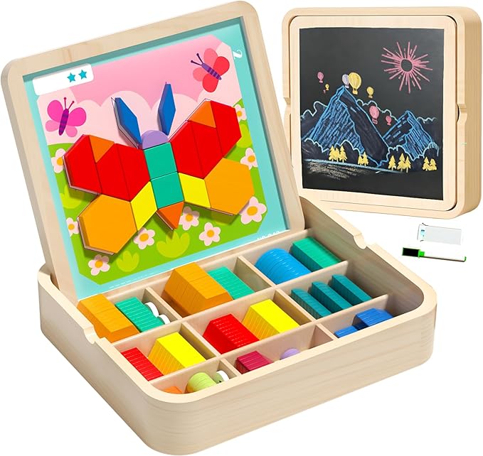 248 Pcs Wooden Magnetic Pattern Block Set with Cards, Pen & Storage Bag, Montessori STEM Tangram Puzzle Toys for Toddlers 4 5 6 7 8, Educational Brain Teaser Gift for Boys Girls