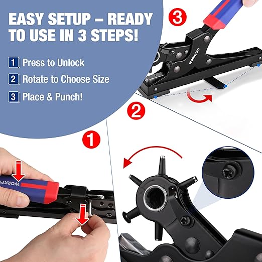 WORKPRO Desktop Leather Hole Punch Set, Rotary Belt Hole Puncher, 6 Punch Sizes, Heavy Duty Leather Hole Punch Tool for Belts, Dog Collars, Watch Band, Saddles, Shoes, Home DIY