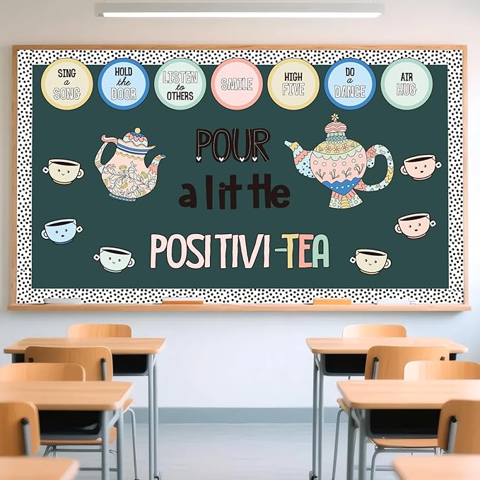 Positivity Classroom Bulletin Board Decorations Set, Pour A Little Inspirational Kettle Teacup Paper Cutouts with Dot Bulletin Border Trims for Back to School Classroom Supplies Door Wall Decor