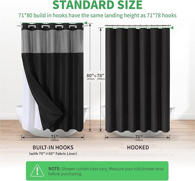 Long No Hooks Needed Linen Textured Shower Curtain with Snap-in Fabric Liner Set,Black Hotel Luxury Decor Shower Curtains for Bathroom,Waterproof & Washable,71Wx80H
