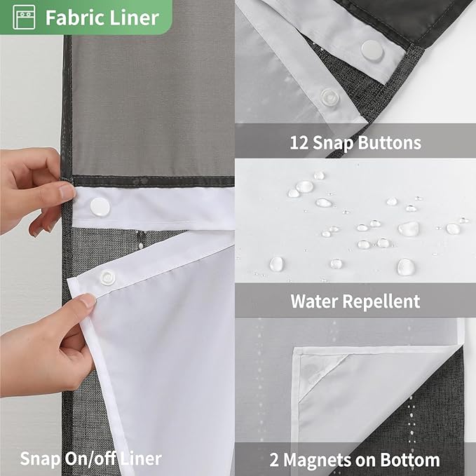 Boho Farmhouse No Hook Shower Curtain Set with Snap-in Fabric Liner,Heavy-Duty Linen Textured Rustic Striped Design,Water-Repellent with Tassels and Sheer Window,Charcoal Grey,71x74