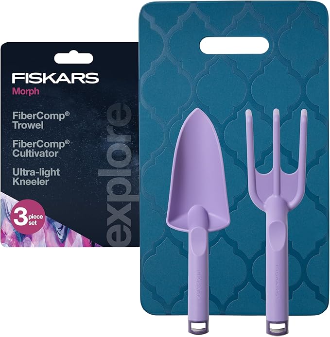 Fiskars 3-Piece Gardening Set, FiberComp Trowel & Cultivator, Dual-Layer Knee Pad, Rustproof Lightweight Design, Explore Collection